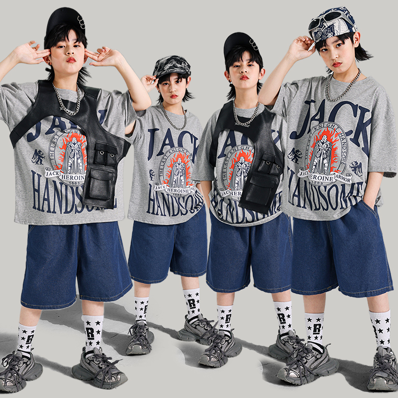 少儿童装架子鼓潮街舞演出服男孩套装服装儿童嘻哈男童hiphop马甲