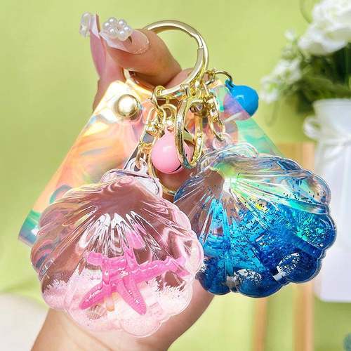 创意亚克力海星贝壳钥匙扣时尚潮流液体流沙挂件汽车包包配饰