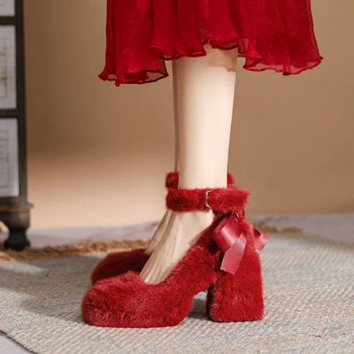 （现货）法式毛毛高跟鞋厚底红色秀禾婚鞋冬天加绒玛丽珍单鞋粗跟