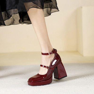 （现货）一字带防水台高跟鞋女粗跟小个子红色婚鞋方头玛丽珍单鞋