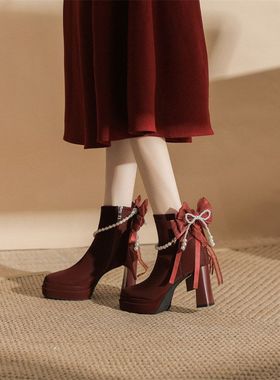 8077-Y14-L52 2025秋冬防水台短靴女季新款珍珠蝴蝶结小众红色