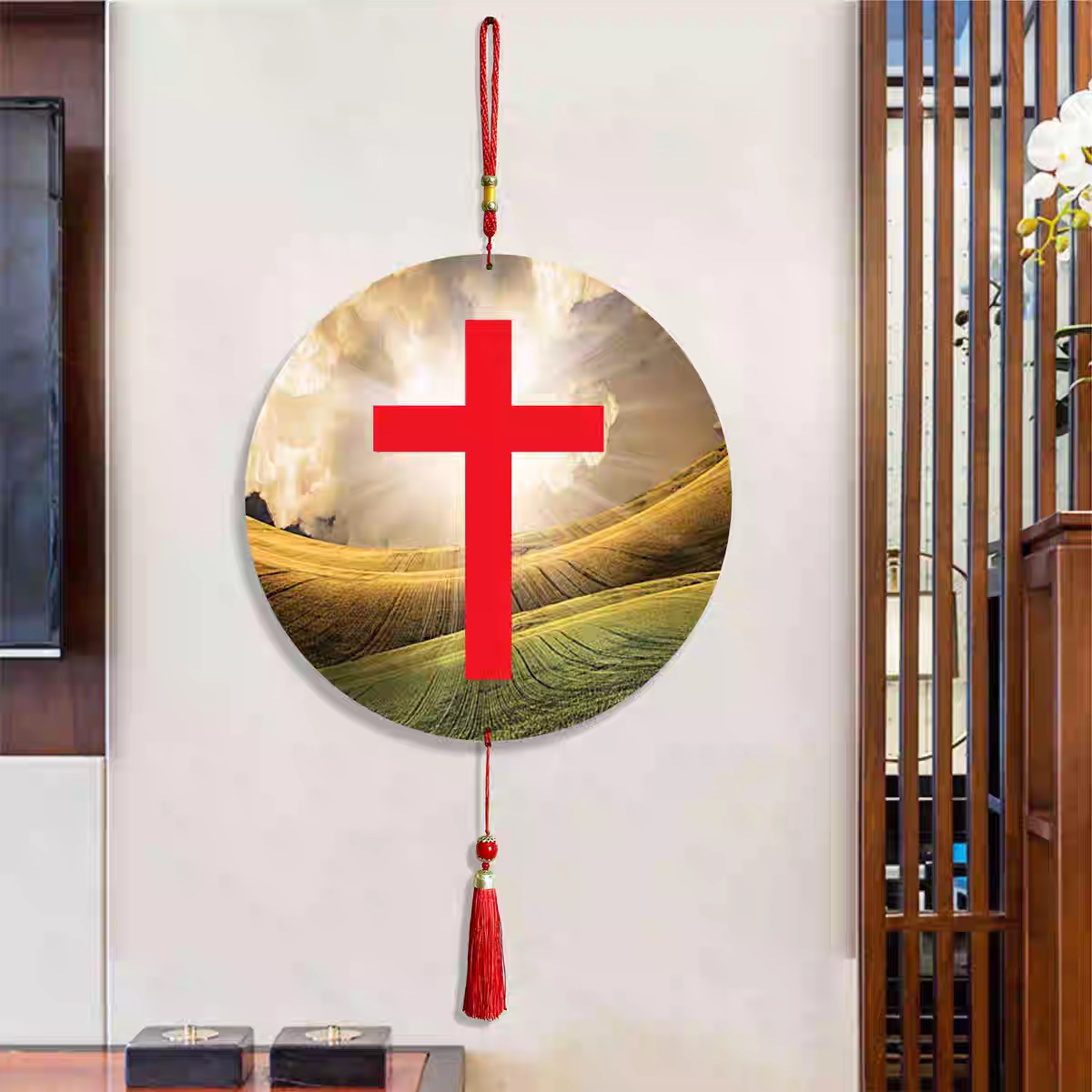 中式红色十字架装饰挂画圆形客厅玄关过道墙壁装饰挂件装扮礼品