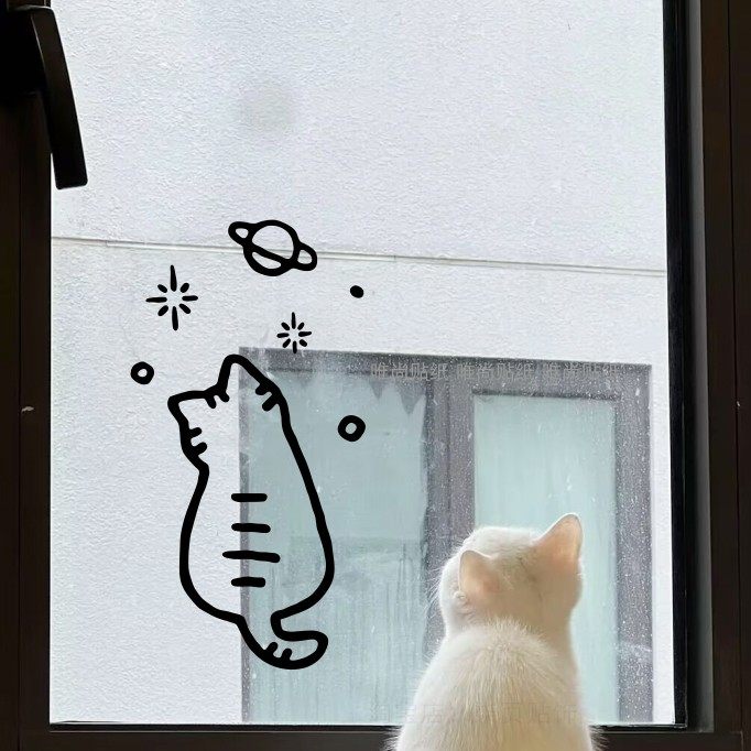 卡通看窗外的猫咪 可爱创意图案 卧室房门窗户玻璃门装饰墙贴纸