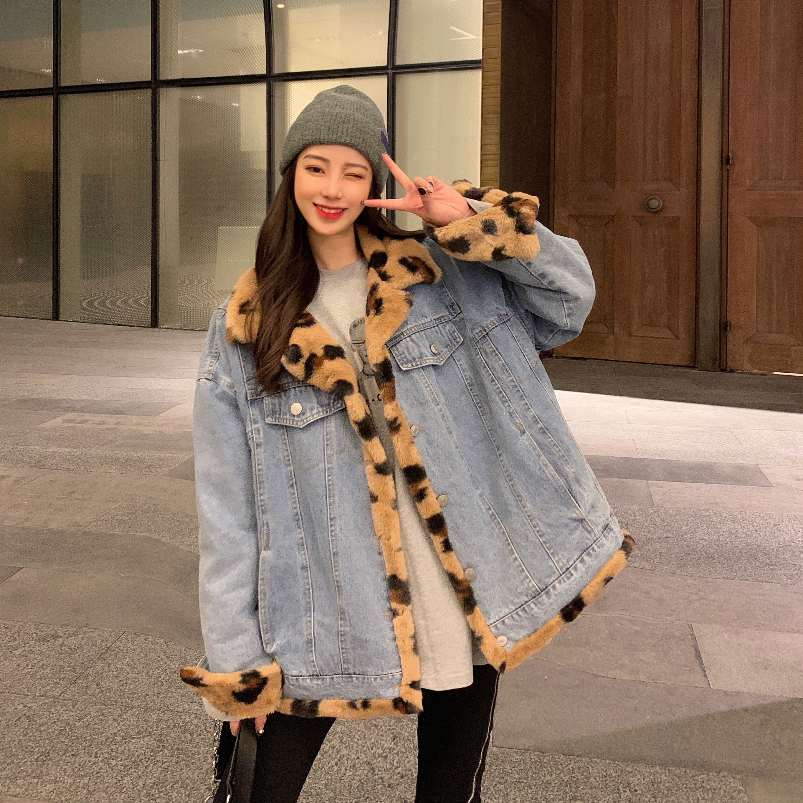 實拍~兩面穿牛仔外套女韓版寬鬆顯瘦酷帥豹紋仿兔毛大衣新款冬