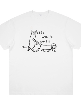 猫咪遛狗city walk趣味印花短袖纯棉小众设计可爱男女情侣t恤半袖