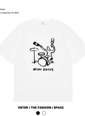 喝酒玩摇滚个性潮牌文艺音乐节印花男女情侣宽松纯棉T恤短袖tee夏
