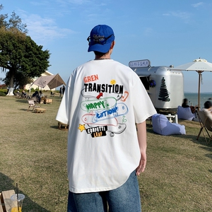 T6826P28 港风T恤2023夏季男士印花短袖T恤半袖落肩T纯棉潮流上衣图片