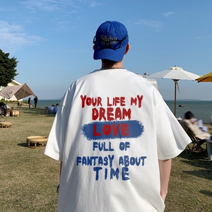 T6741P25 港风T恤2023夏季男士印花短袖T恤半袖落肩T纯棉潮流上衣图片