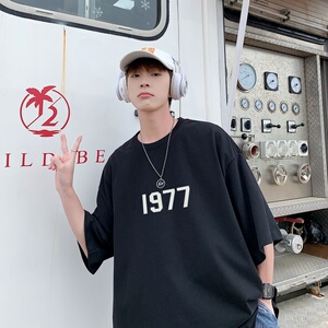T6248P25 港风T恤2023夏新款男印花T宽松版T恤潮爆落肩T图片