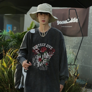 TFC6339P58 重磅纯棉水洗长袖T恤春款宽松蜡染做旧男T高克重图片