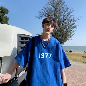 T6248P25港风T恤2023夏新款男印花T宽松版T恤潮爆落肩T