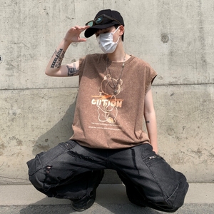 TR6875P35复古无袖T恤男士宽松潮牌背心无袖T水洗蜡染潮牌T恤夏季图片