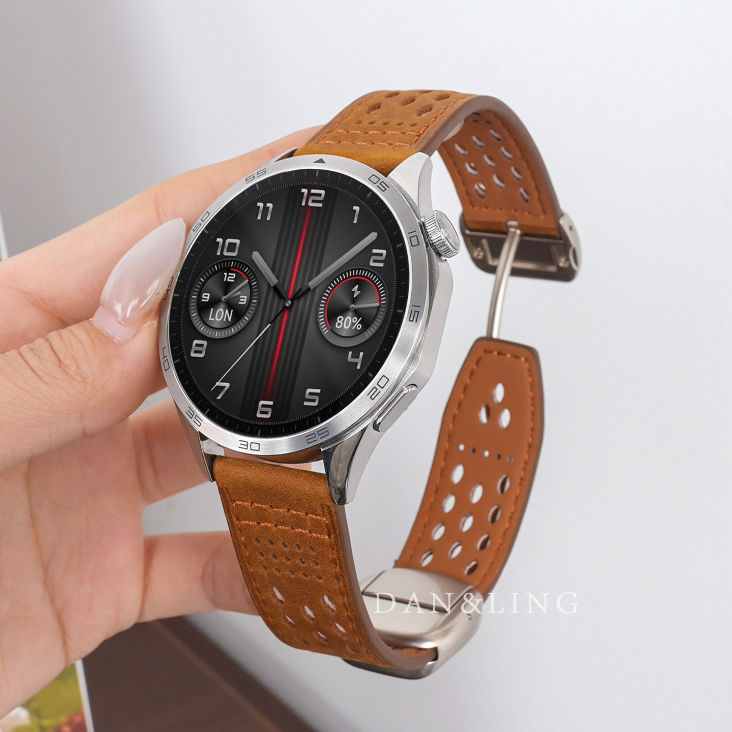 手表带真皮男款磁吸扣洞洞疯马纹女适用华为Watchgt6pro/5/4/3/2e