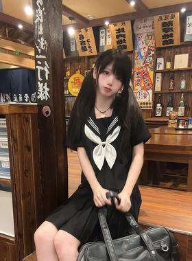 桔梗原创正版基础款黑色短袖水手服校供感学院风jk制服中长裙套装