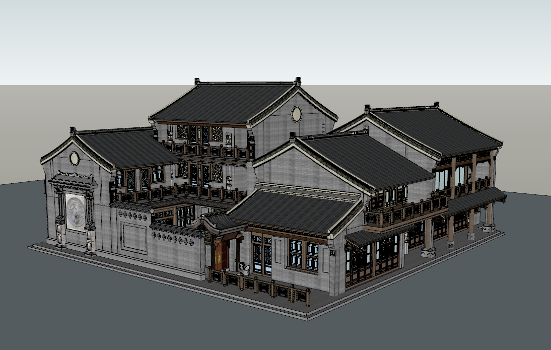 中式仿古建筑四合院围院自建房别墅民居设计坡屋顶草图大师su模型