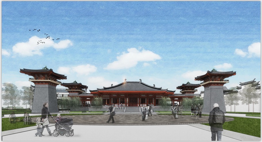 中式汉唐宫殿宝塔宝鼎新中式公园古建筑景观设计草图