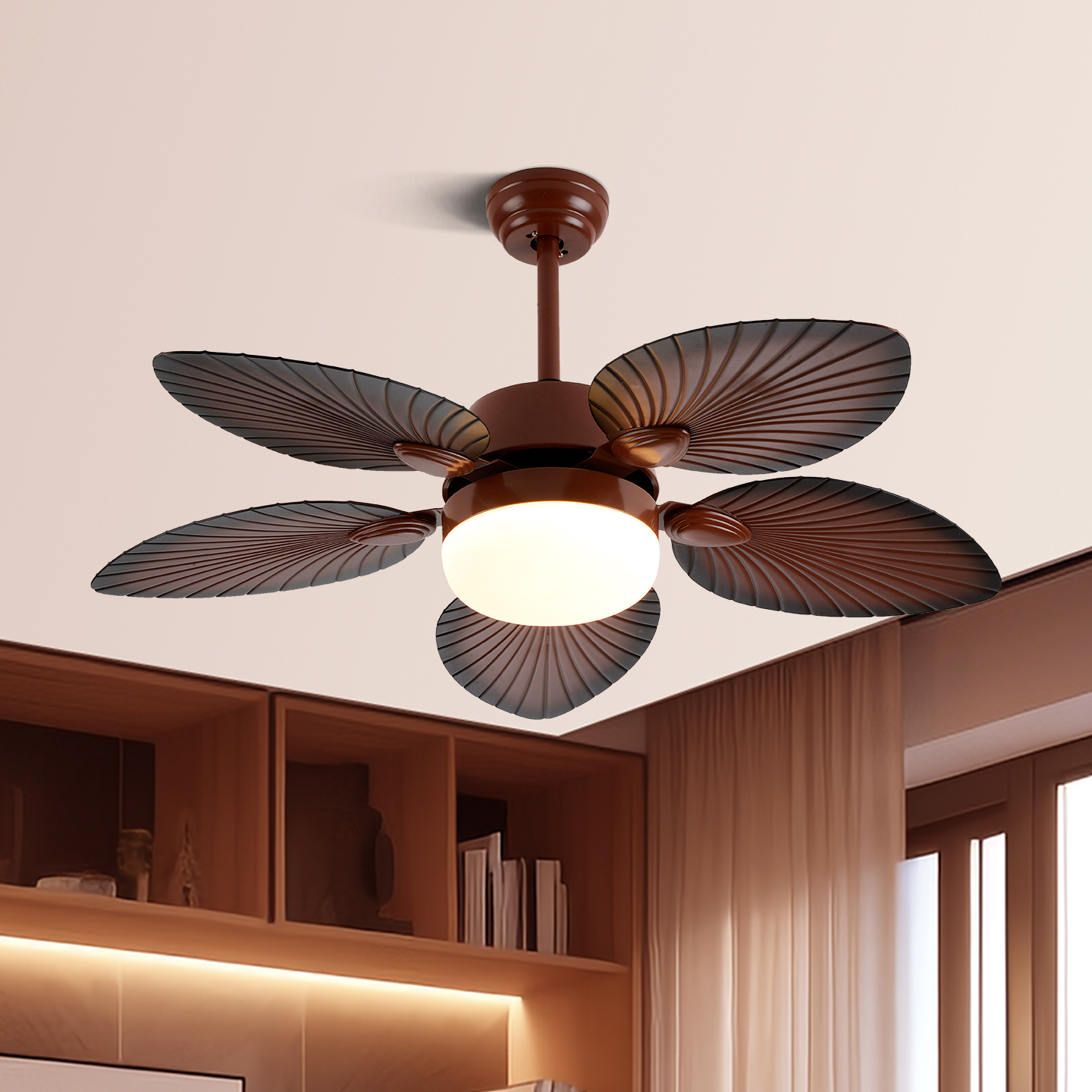 宸居中式复古风扇灯芭蕉叶客厅电风扇吊灯卧室静音古典家用吊扇灯