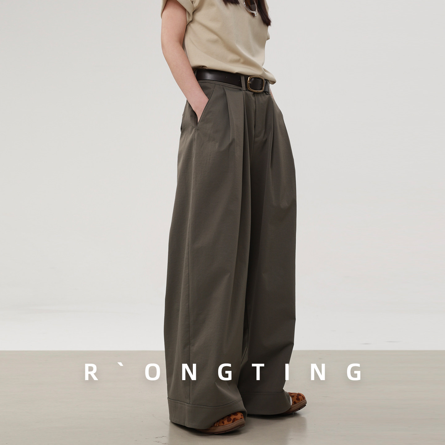 绒汀 RONGTONG 【舒适随行】翻边宽松休闲阔腿裤女