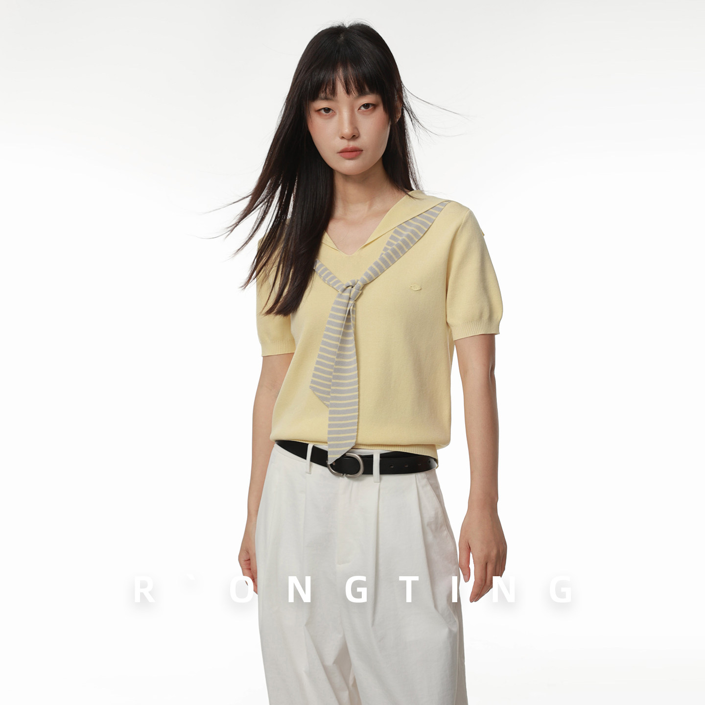 绒汀 RONGTONG【披肩假两件】针织衫女短袖T恤