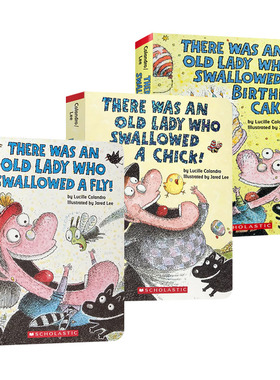 英文原版 有个老婆婆吞了一只苍蝇 小鸡 生日蛋糕 民谣纸板书3册 There Was an Old Lady Who Swallowed a Fly