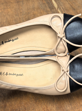 小香风软皮蝴蝶结拼色平底芭蕾舞鞋女真皮圆头软底浅口休闲单鞋女