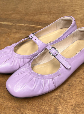 图巴客牛皮粉紫色玛丽珍鞋真皮方头一字带软底气质平底单鞋春夏