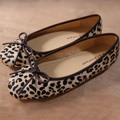 女 真皮浅口蝴蝶结单鞋 皮毛一体马毛豹纹真皮法式 手工芭蕾舞平底鞋