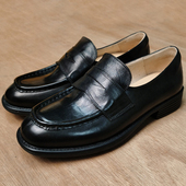 做旧擦色乐福鞋 女 手工鞋 一脚蹬小皮鞋 英伦复古风粗跟圆头黑色新款