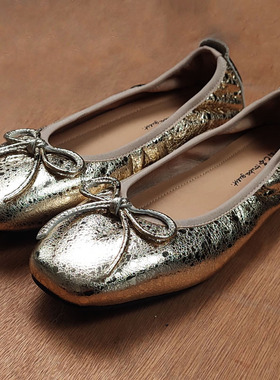 手工羊皮芭蕾舞软底休闲奶奶鞋金色浅口舒适方头蝴蝶结平底单鞋女