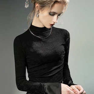 新中式打底衫女内搭2026年秋季新款国风刺绣提花长袖t恤黑色上衣