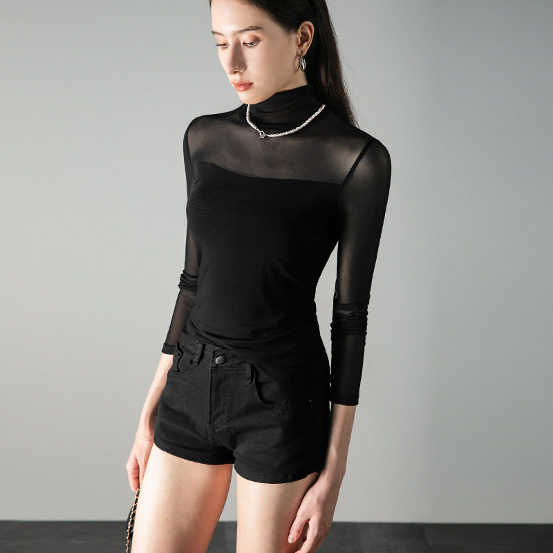 半高领打底衫女2025秋冬季新款蕾丝上衣时尚时髦洋气黑色网纱t恤,女士内衣/男士内衣/家居服,吊带/背心/T恤/打底/肌底衣,淘宝优惠券,粉丝福利购,淘宝优惠卷