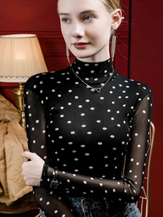 半高领沙体网纱t恤女秋款长袖妈妈波点打底衫女薄纱黑底白点上衣