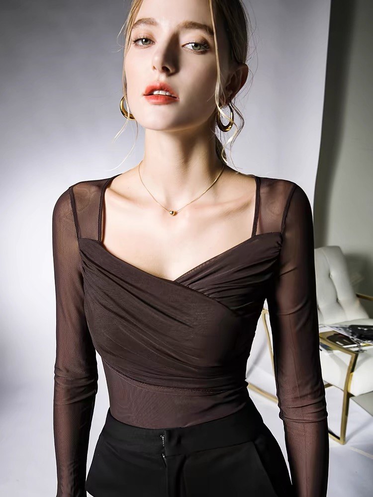 秋冬长袖修身网纱方领大领口性感打底衫内搭薄款欧货早秋新款女装,女装/女士精品,T恤,淘宝优惠券,粉丝福利购,淘宝优惠卷