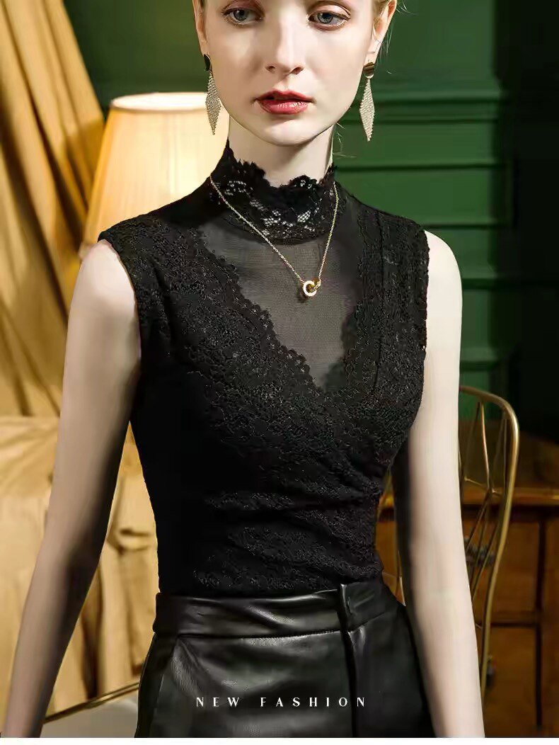 半高领无袖背心女2026新款欧货黑色内搭高级感叠穿上衣蕾丝打底衫
