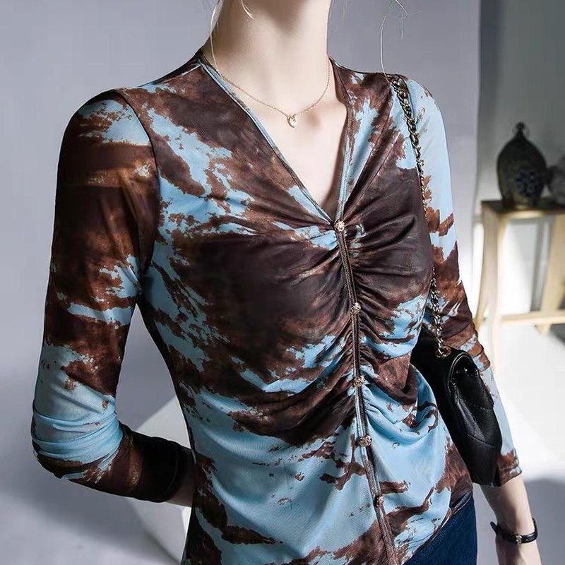 v领扎染网纱印花打底衫女春夏设计感抽褶修身别致显瘦长袖t恤上衣,女士内衣/男士内衣/家居服,吊带/背心/T恤/打底/肌底衣,淘宝优惠券,粉丝福利购,淘宝优惠卷