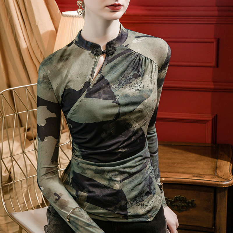新中式上衣盘扣网纱打底衫女2026新款秋冬旗袍领扎染印花国风t恤