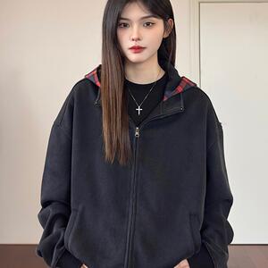 AHCN（志存高远) 美式复古假两件连帽卫衣格纹开衫短宽vibe外套男