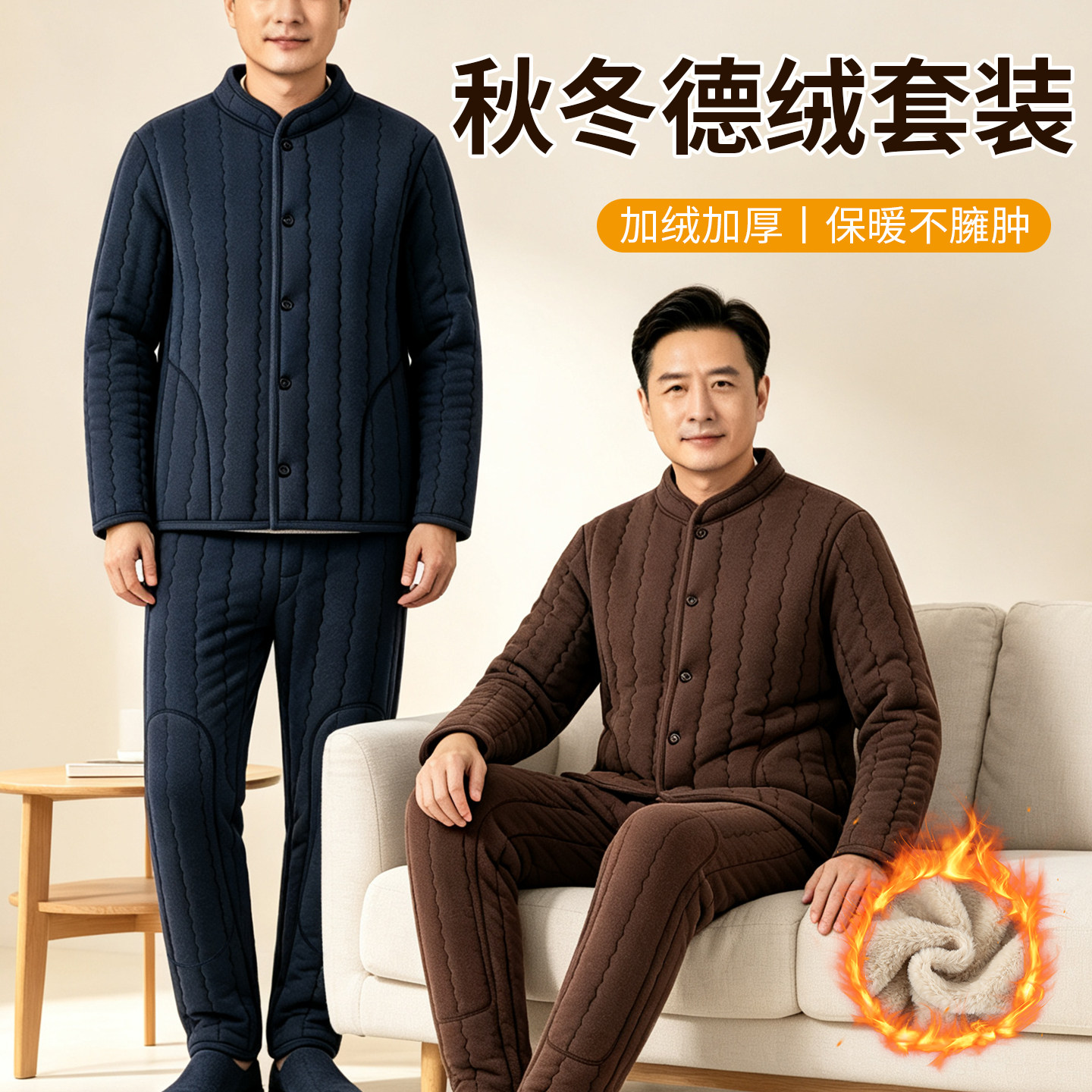 德绒加厚加绒棉服套装加肥大码
