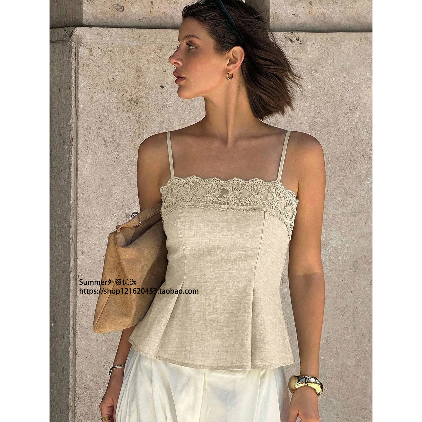 复古辣妹吊带背心蕾丝拼接百搭上衣Lace patchwork camisole vest
