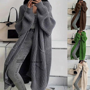 欧美大码长款过膝毛衣开衫慵懒宽松针织外套 Loose knit cardigan