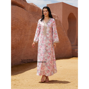 中东阿拉伯印花长袍连衣裙日常家居V领迪拜长裙Arab women's robe