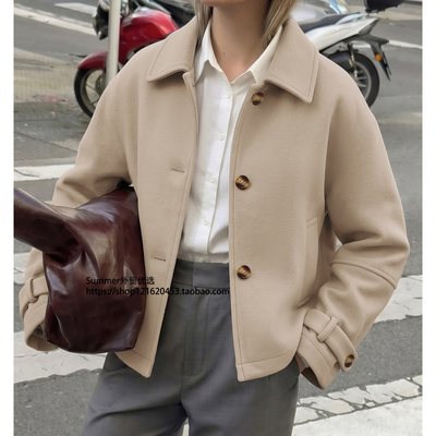 2026欧美翻领毛呢直筒短款外套女