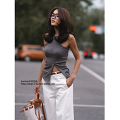 性感开叉莫代尔背心柔软修身 vest split 内搭打底无袖 上衣女Modal