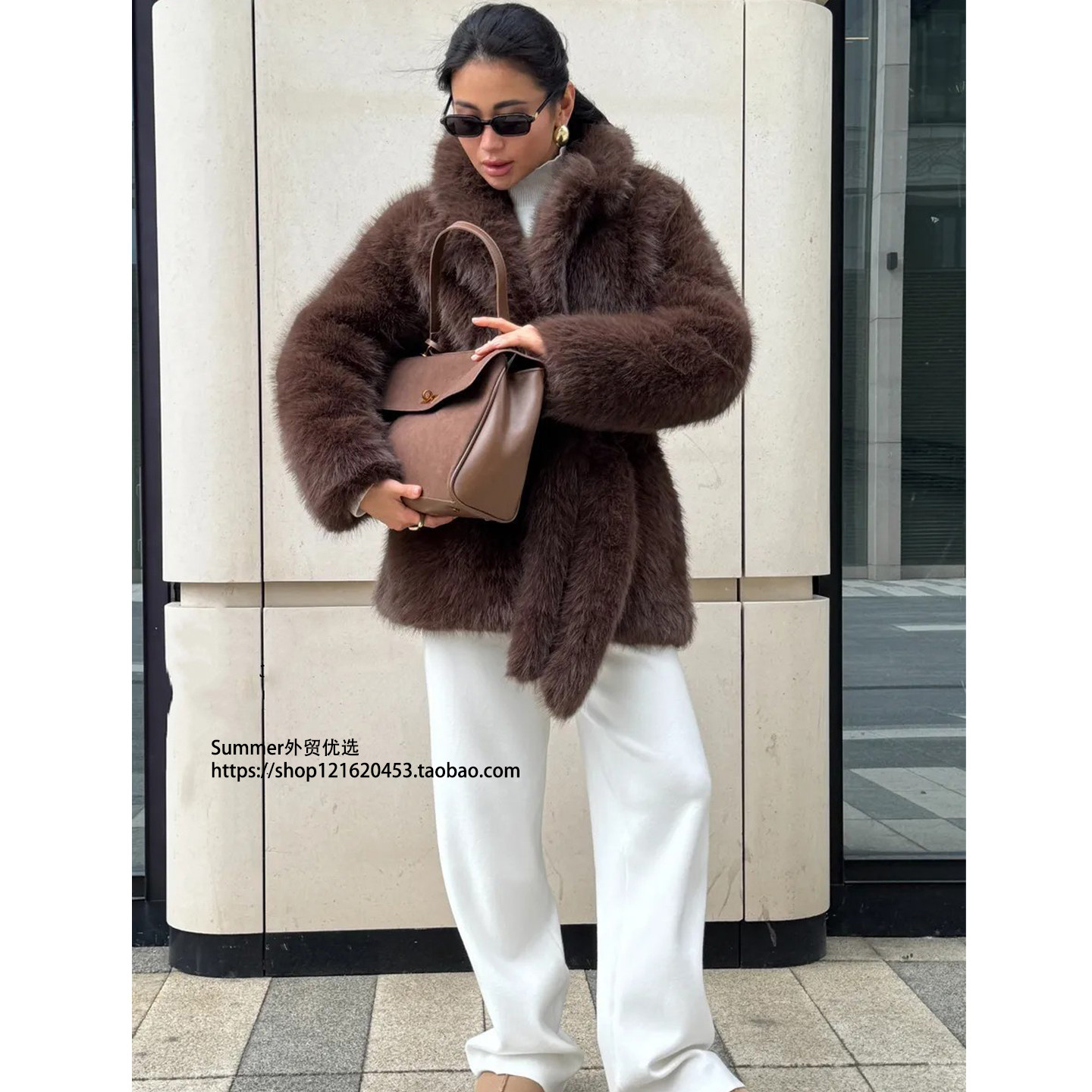 加厚仿皮草外套中长款系带狐狸毛西装领大衣 Strap up fur jacket