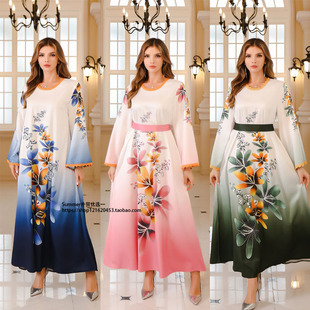 迪拜阿拉伯女士大袍连衣裙中东烫钻阿联酋长袍Arab printed dress