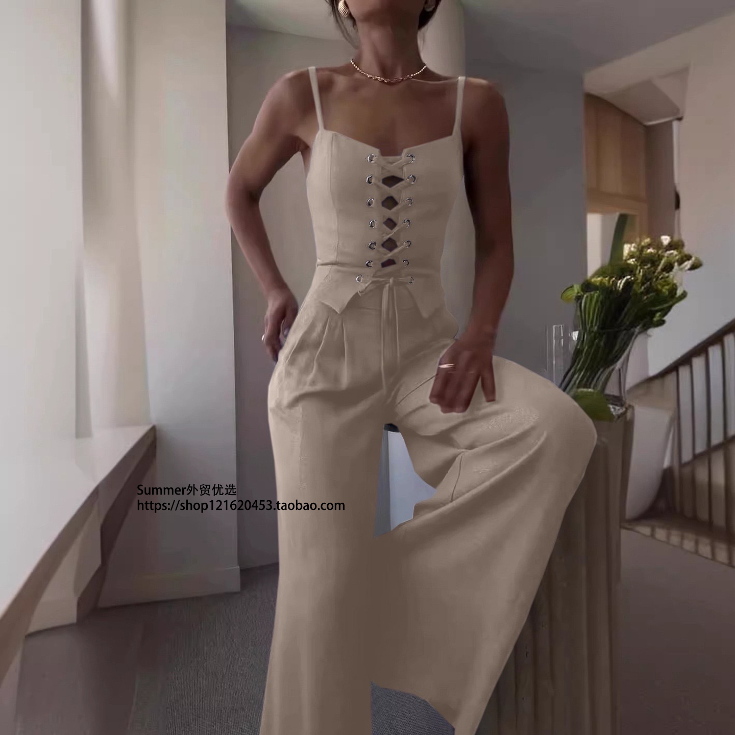 2026春性感镂空绑带吊带长裤套装