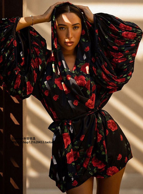 俄罗斯数码印花泡泡袖系带宽松休闲连衣裙Printed cardigan dress