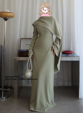 欧美钉珠披肩长袖连衣裙系带收腰长裙套装 Nail bead shawl dress