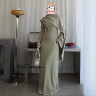 bead 迪拜中东欧美钉珠披肩长袖 连衣裙长裙套装 Nail dress shawl