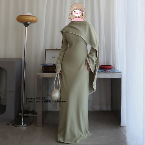 2026春欧美钉珠披肩长袖连衣裙女
